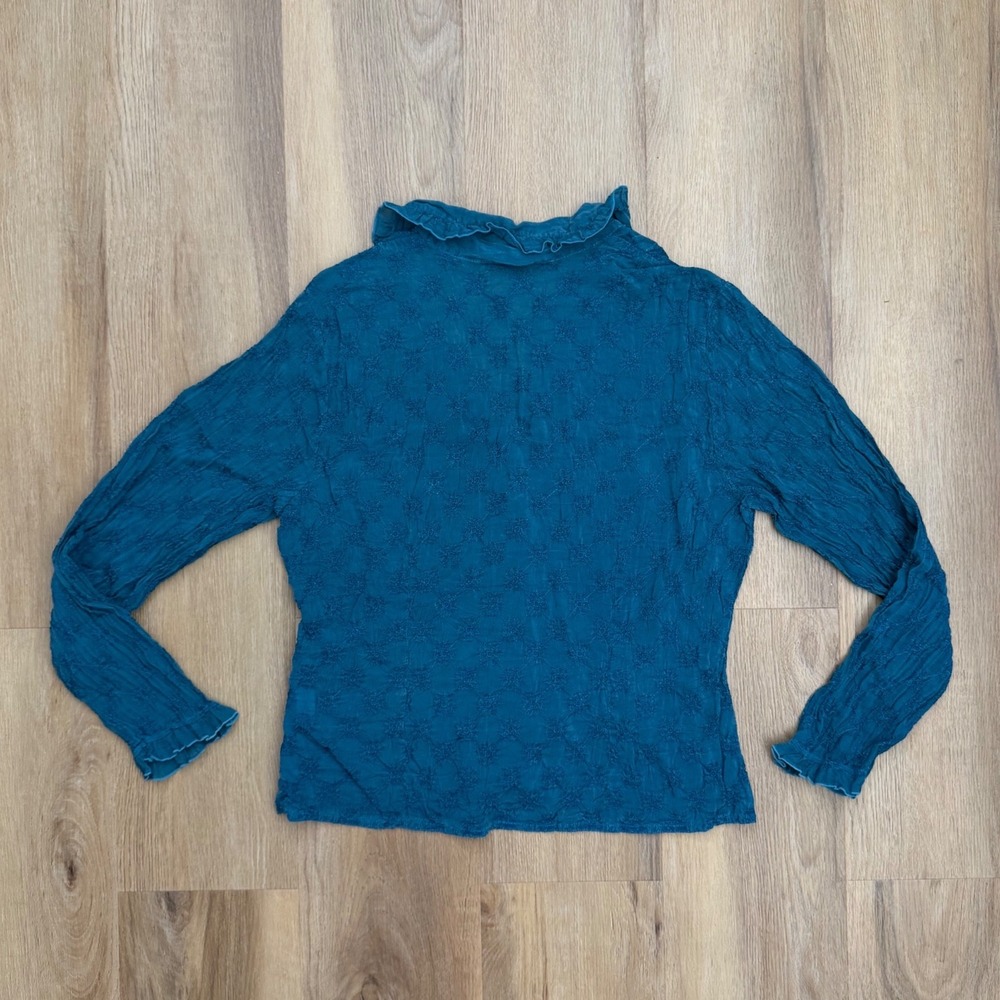 Johnny Was Item Teal Blue Embroidered Crinkle fairy Ruffle Blouse XL vintage - Picture 3 of 8